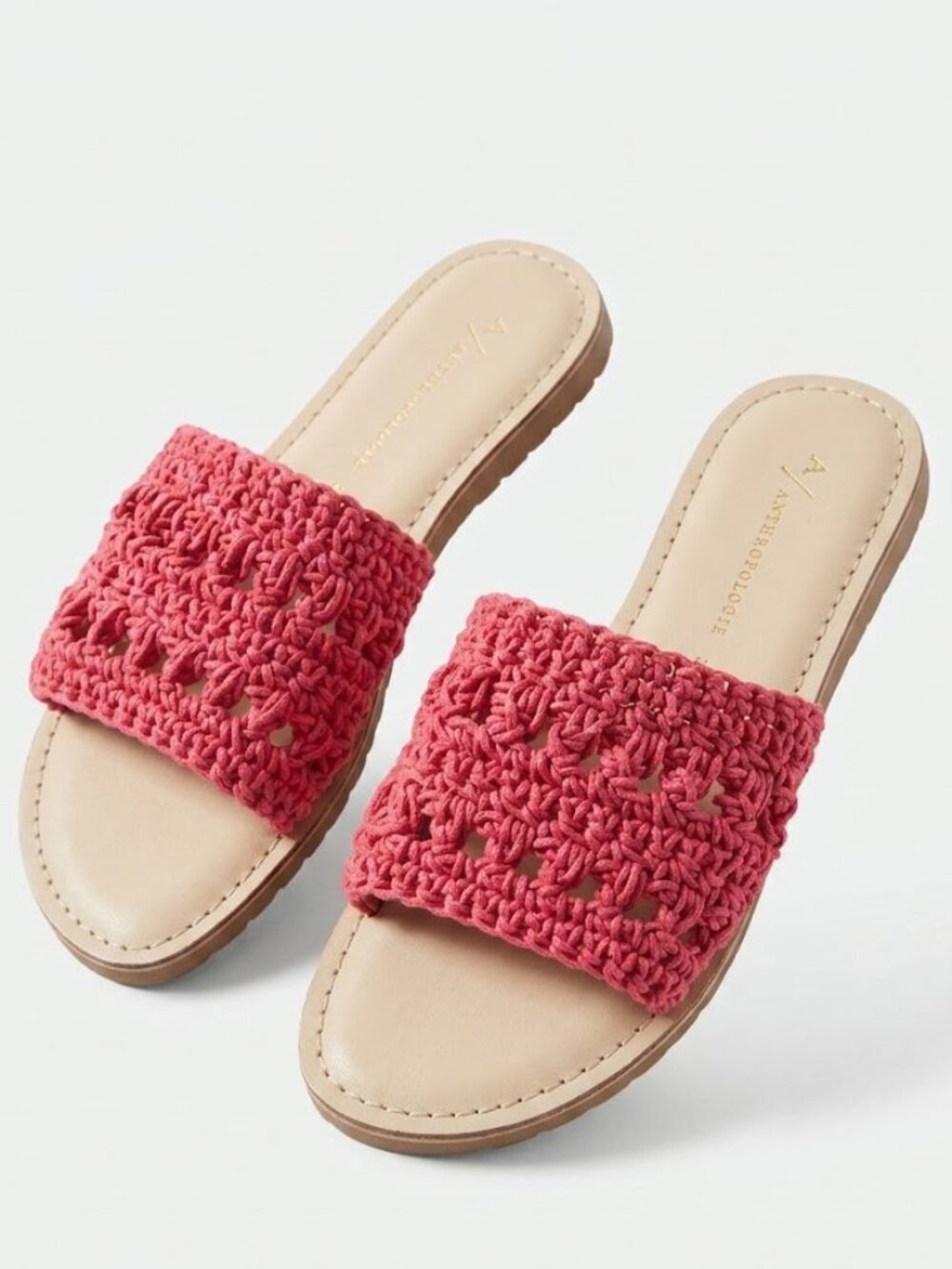 Anthropologie Pink Crochet Slides 7 Woven Macrame Sandals Boho Summer Beach Flat